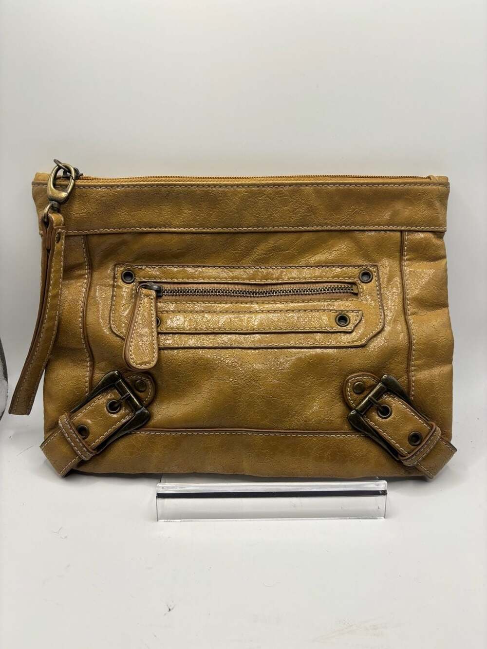Steve Madden Tan Faux Leather Crossbody Clutch with Buckle Details